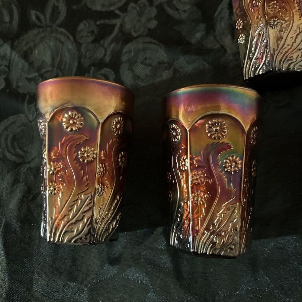 Antique Fenton Paneled Dandelion Carnival Glass Tumblers Amethyst Purple Set 5 - Picture 3 of 16